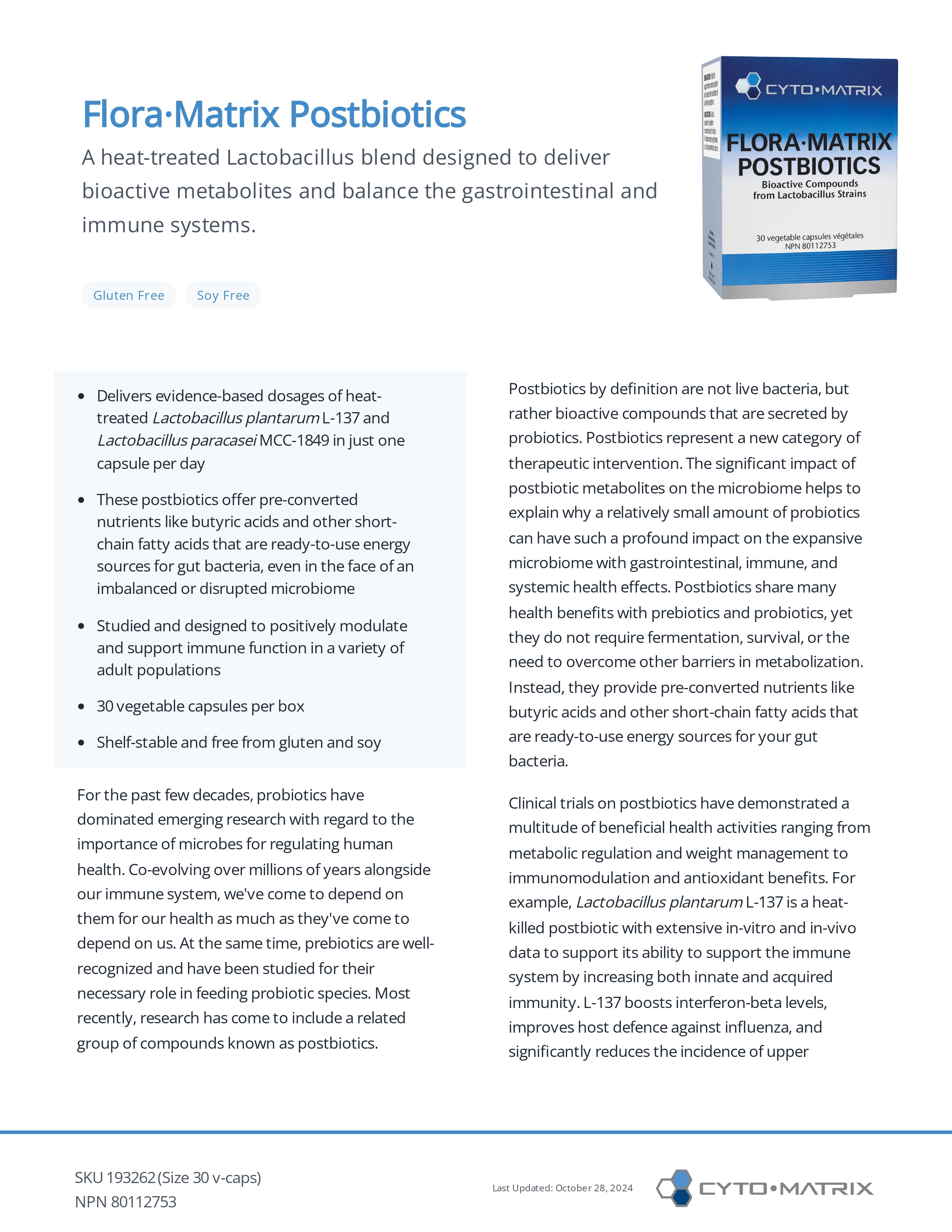 Flora-Matrix Postbiotics | Cytomatrix® | 30 Vegetable Capsules