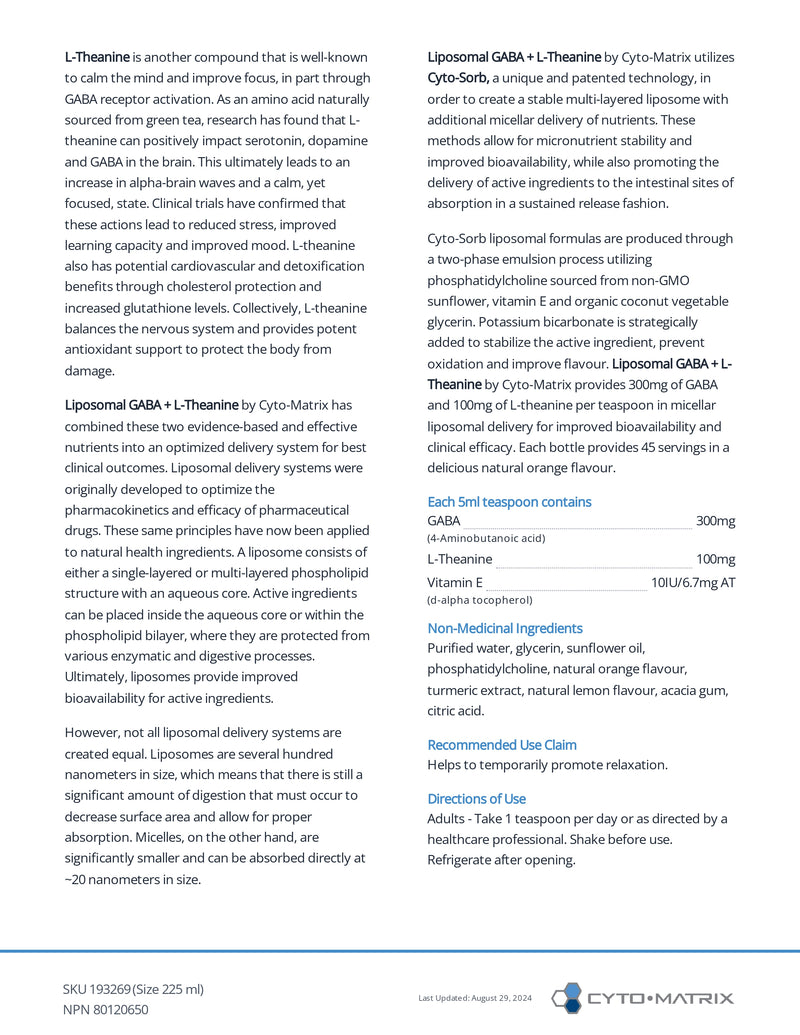 Liposomal GABA & L-Theanine | Cytomatrix® | 225 mL