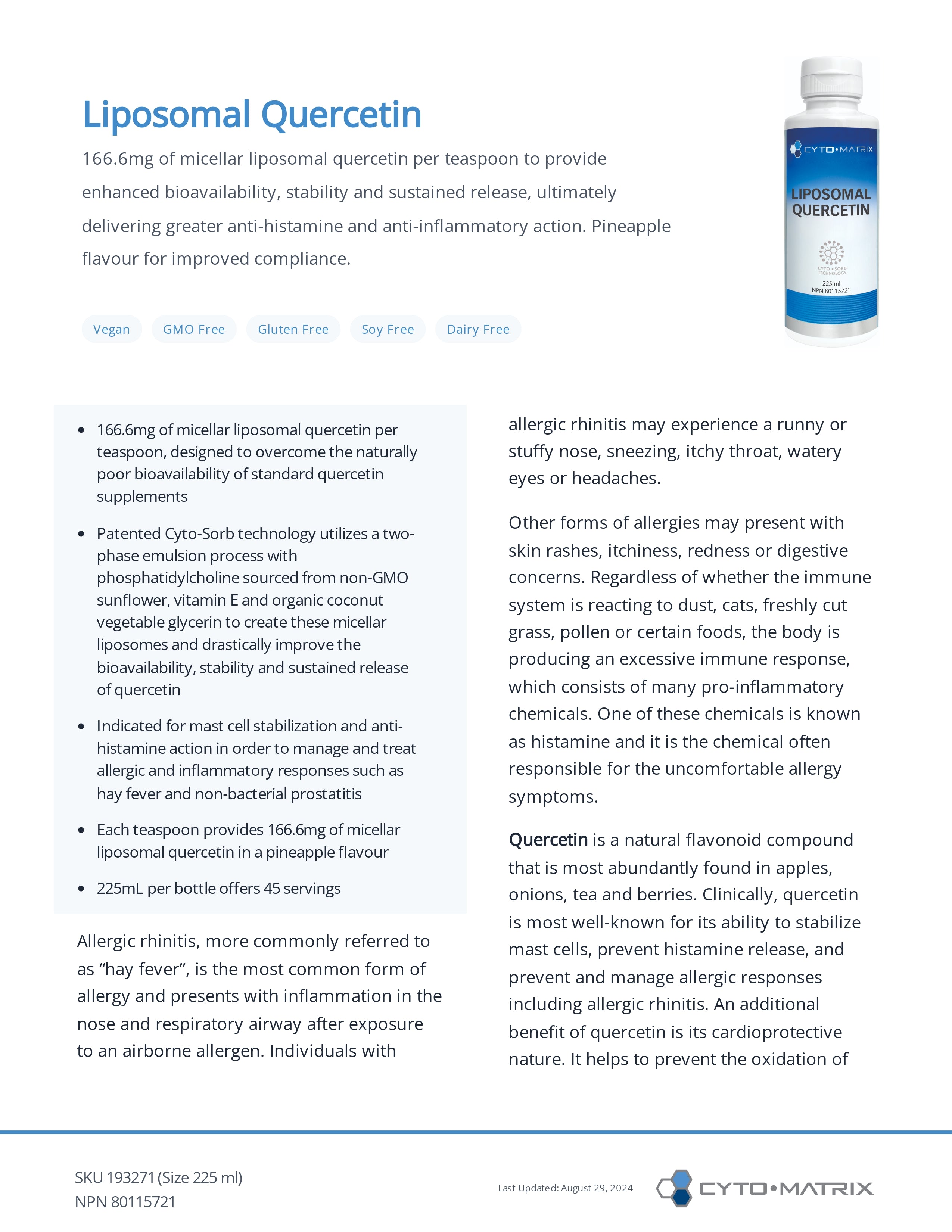 Liposomal Quercetin by Cytomatrix® – High-Absorption Antioxidant & Immune Support | 225 mL