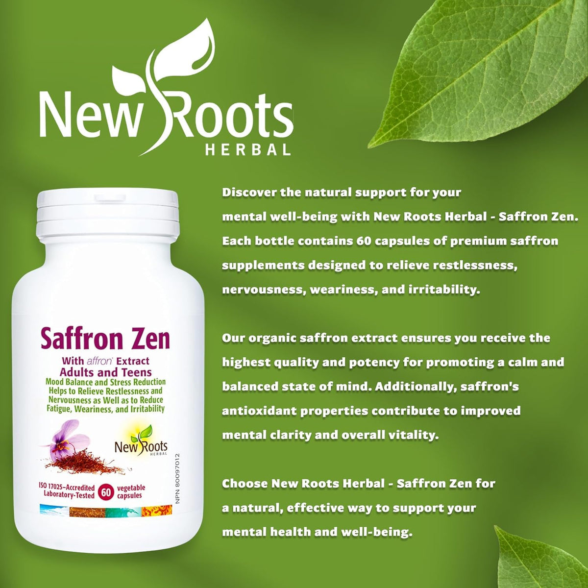 Saffron Zen by New Roots Herbal® – Saffron Extract for Stress, Mood & Sleep Support | 60 Veg Capsules