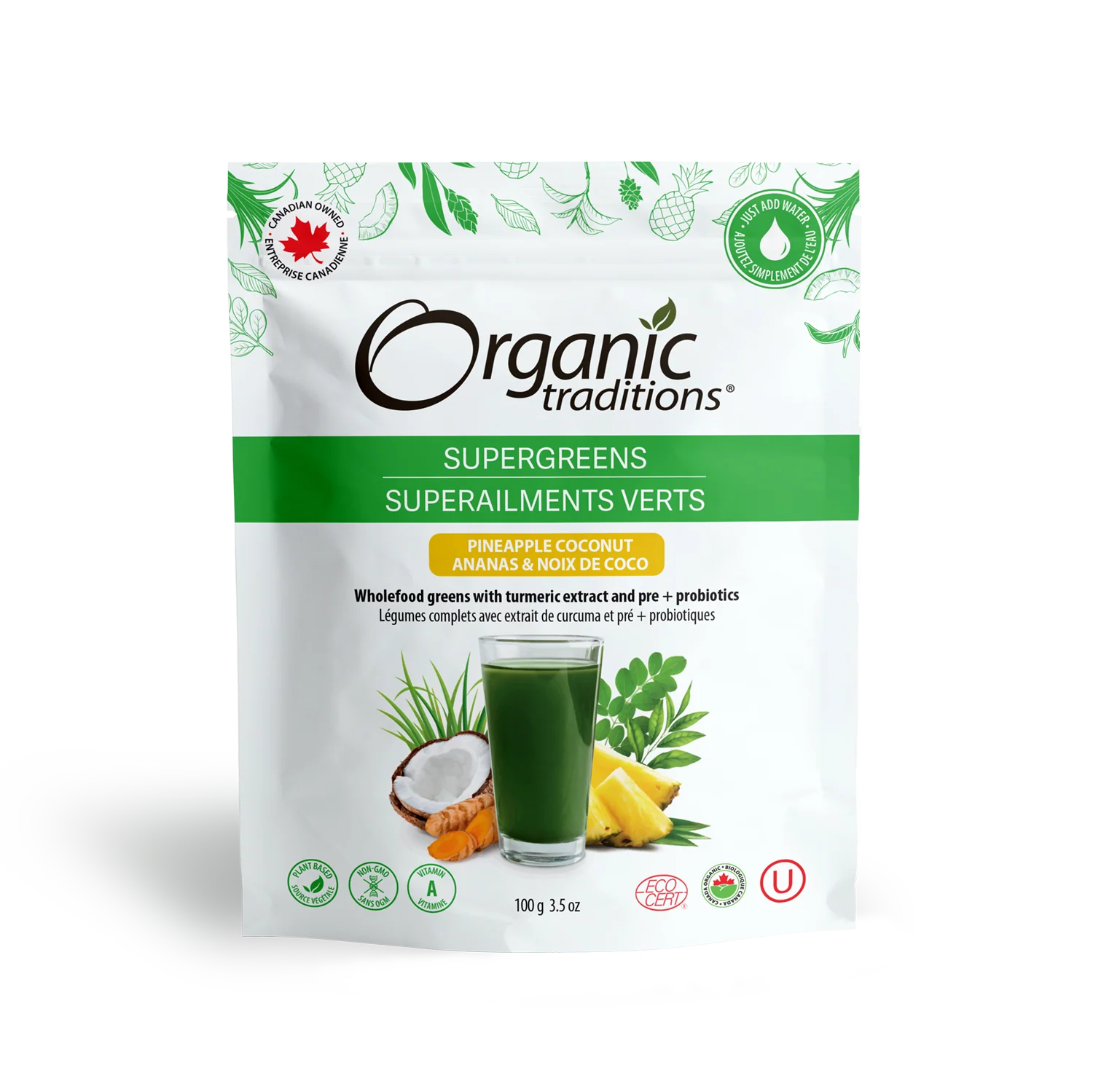 Supergreens With Turmeric And Probiotics (Pineapple Coconut) | Organic Traditions® | 100g