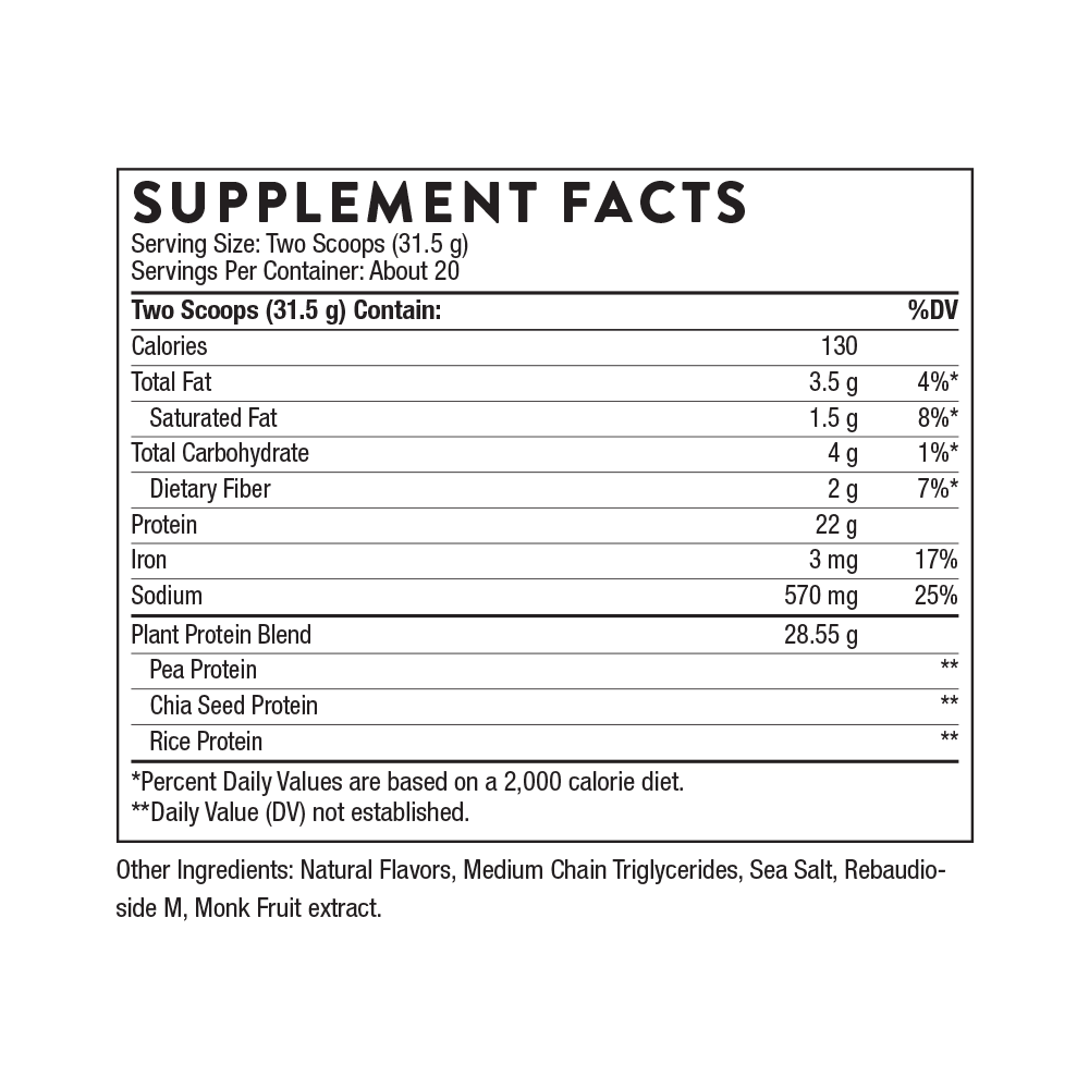 Plant Protein (Vanilla or Chocolate) by Thorne® – 22 g Vegan Pea, Rice & Chia Protein | 676 G (23.8 oz)