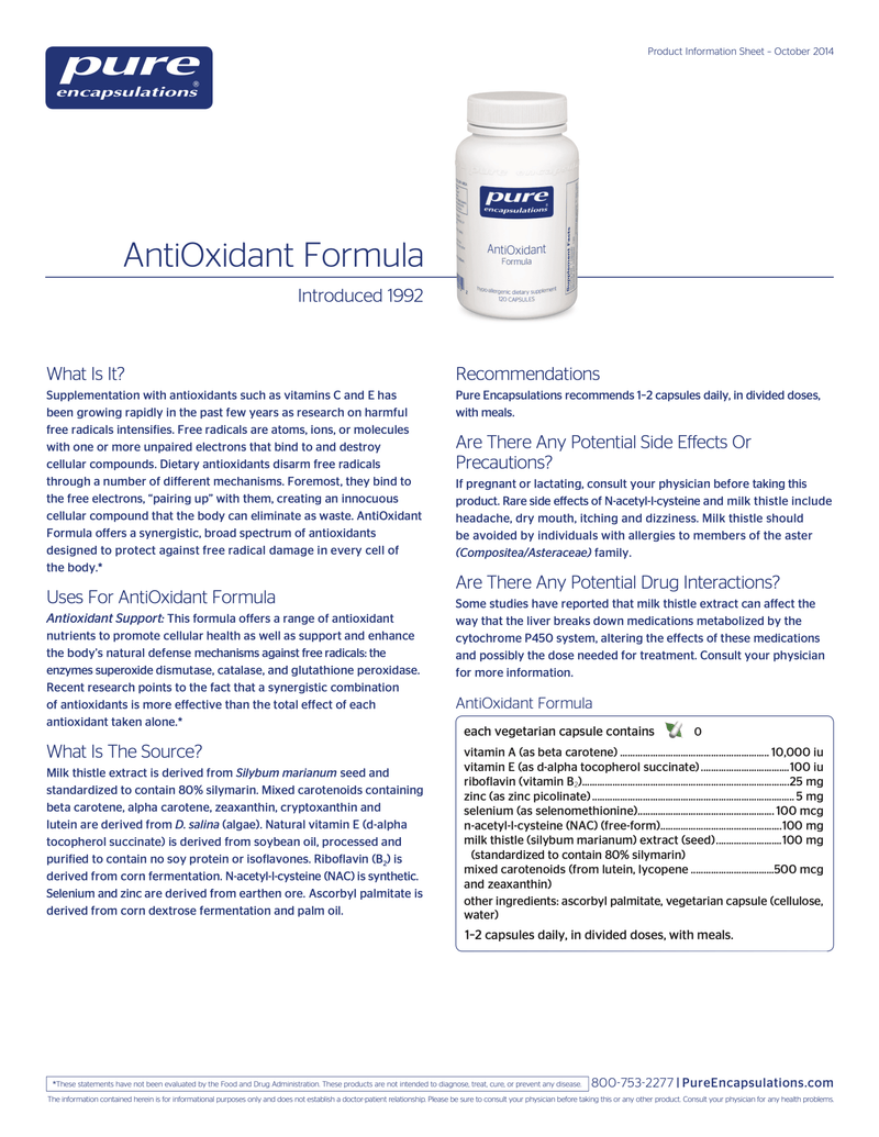 AntiOxidant Formula | Pure Encapsulations® | 60 Capsules - Coal Harbour Pharmacy