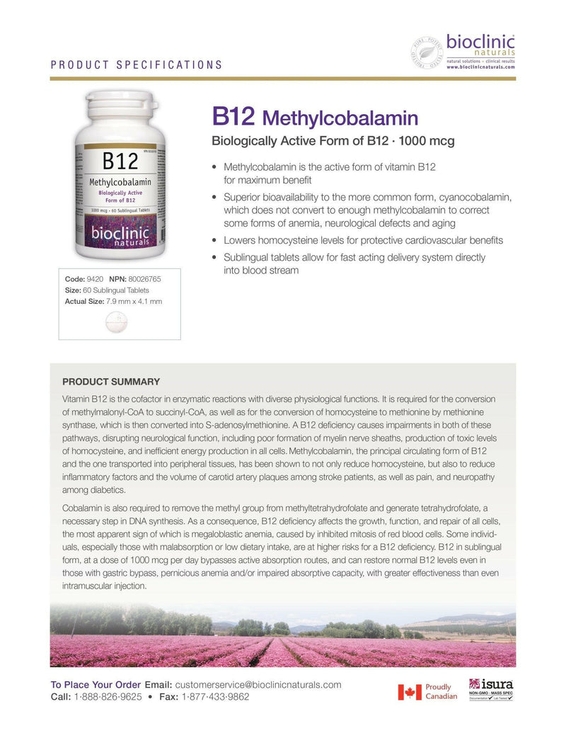 B12 1000 mcg | Bioclinic® Naturals | 60 Sublingual Tablets - Coal Harbour Pharmacy