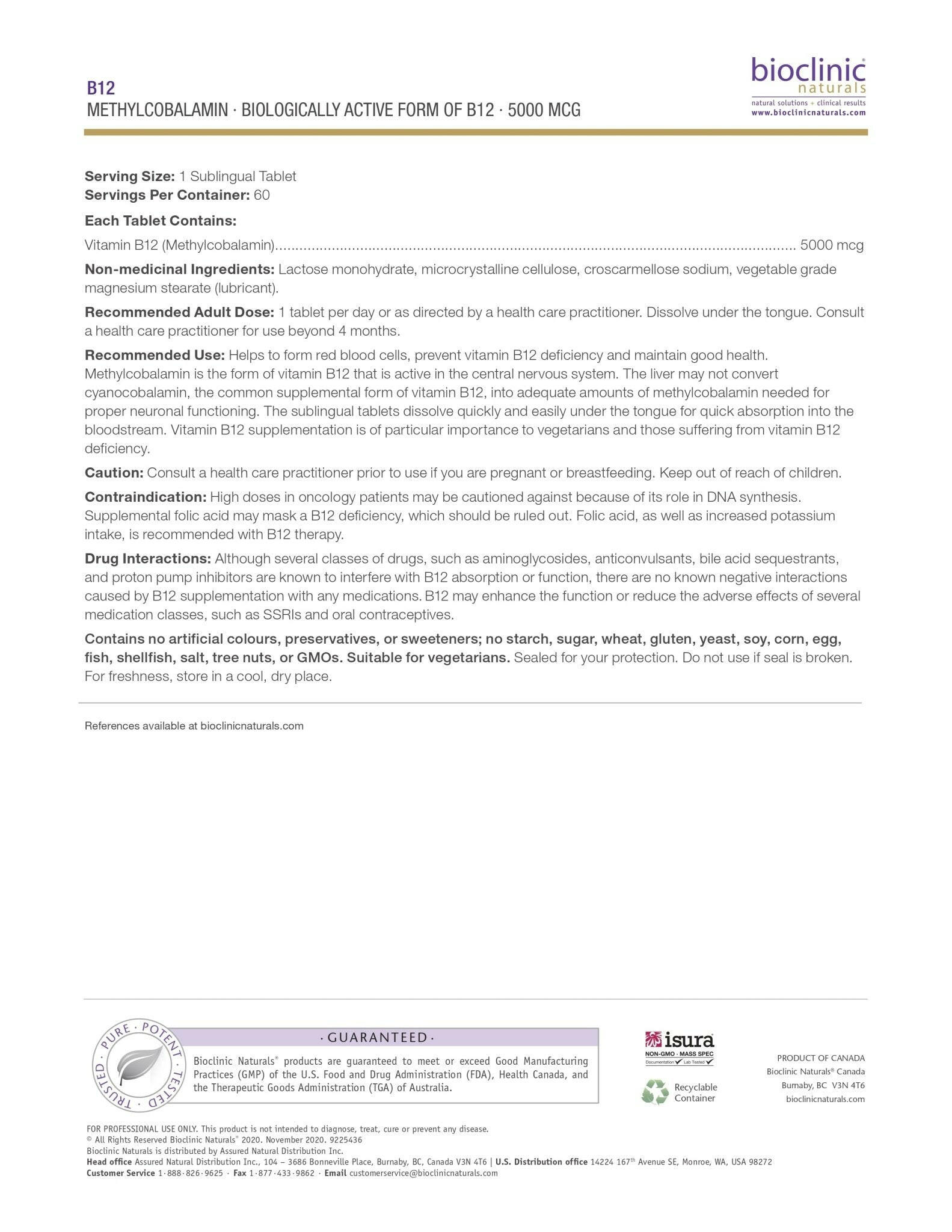 B12 Methylcobalamin 5000 mcg | Bioclinic® Naturals | 60 Sublingual Tablets - Coal Harbour Pharmacy