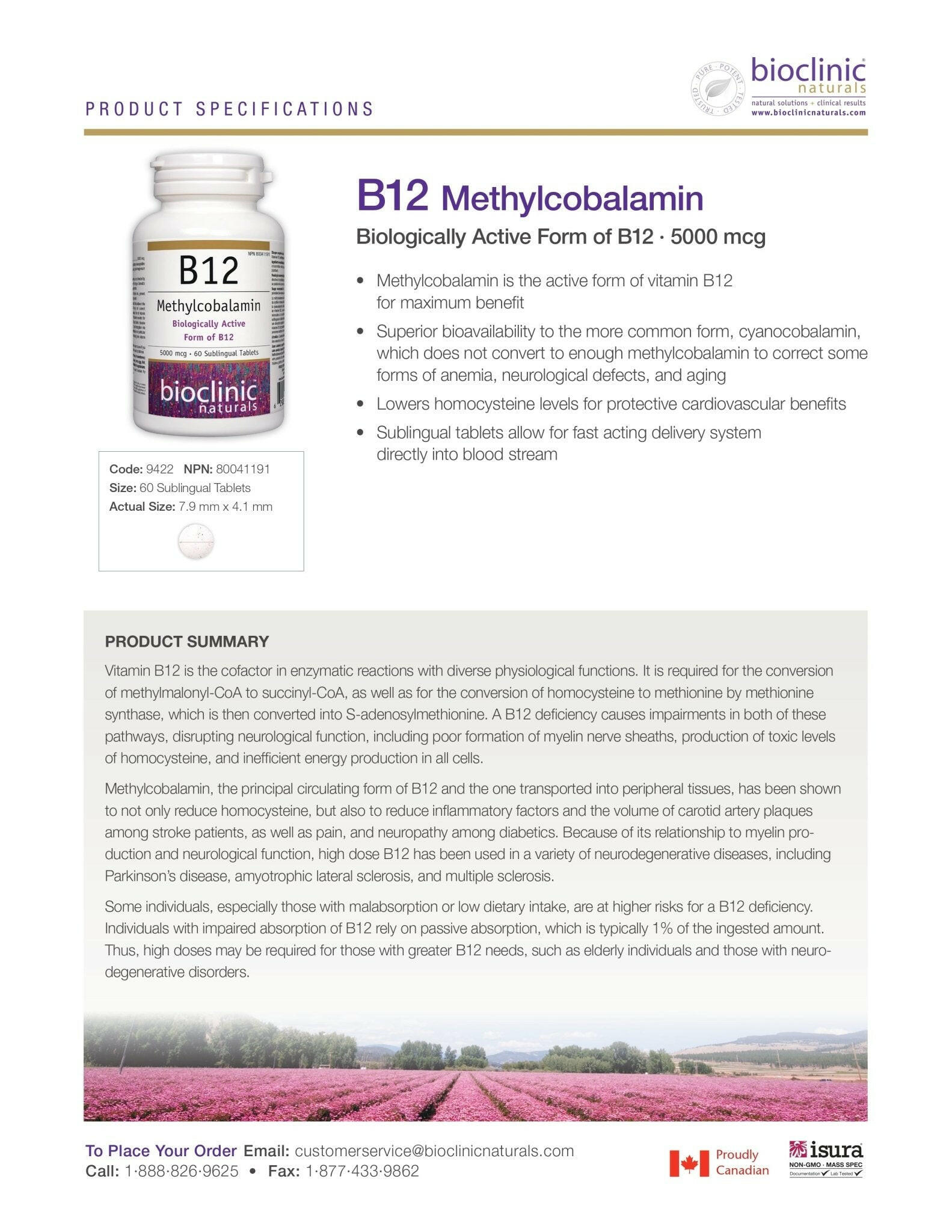 B12 Methylcobalamin 5000 mcg | Bioclinic® Naturals | 60 Sublingual Tablets - Coal Harbour Pharmacy