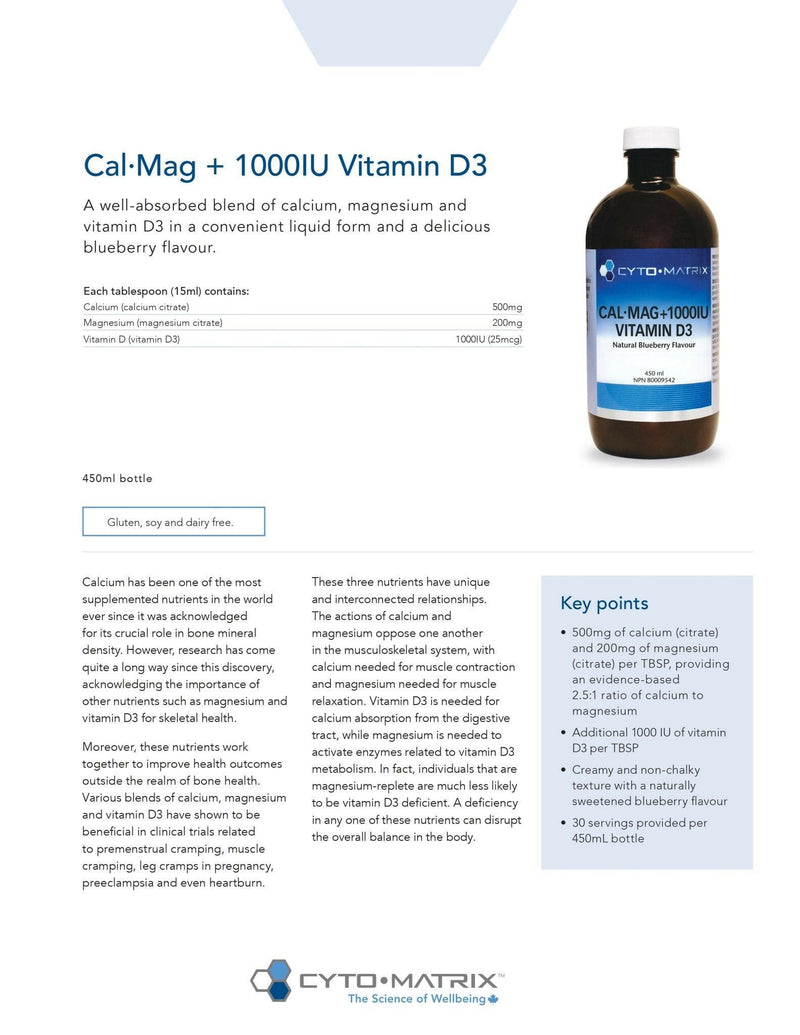 Cal-Mag + 1000IU Vitamin D3 Liquid | Cytomatrix® | 450 mL - Coal Harbour Pharmacy
