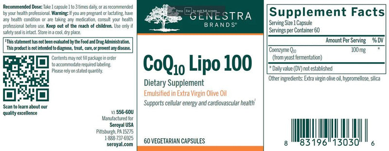 CoQ10 Lipo 100 | Genestra Brands® | 60 Softgels - Coal Harbour Pharmacy