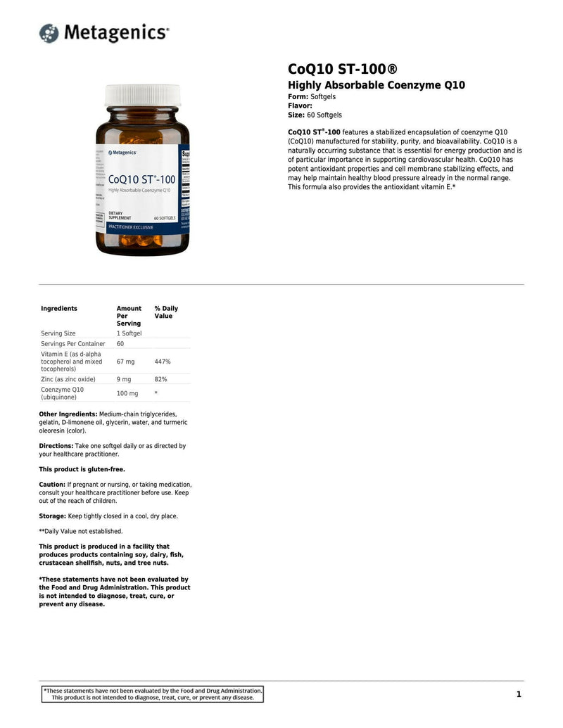 CoQ10 ST®-100 | Metagenics® | 120 Softgels - Coal Harbour Pharmacy