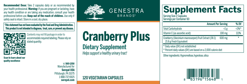Cranberry Plus | Genestra Brands® | 120 vegetarian capsules - Coal Harbour Pharmacy