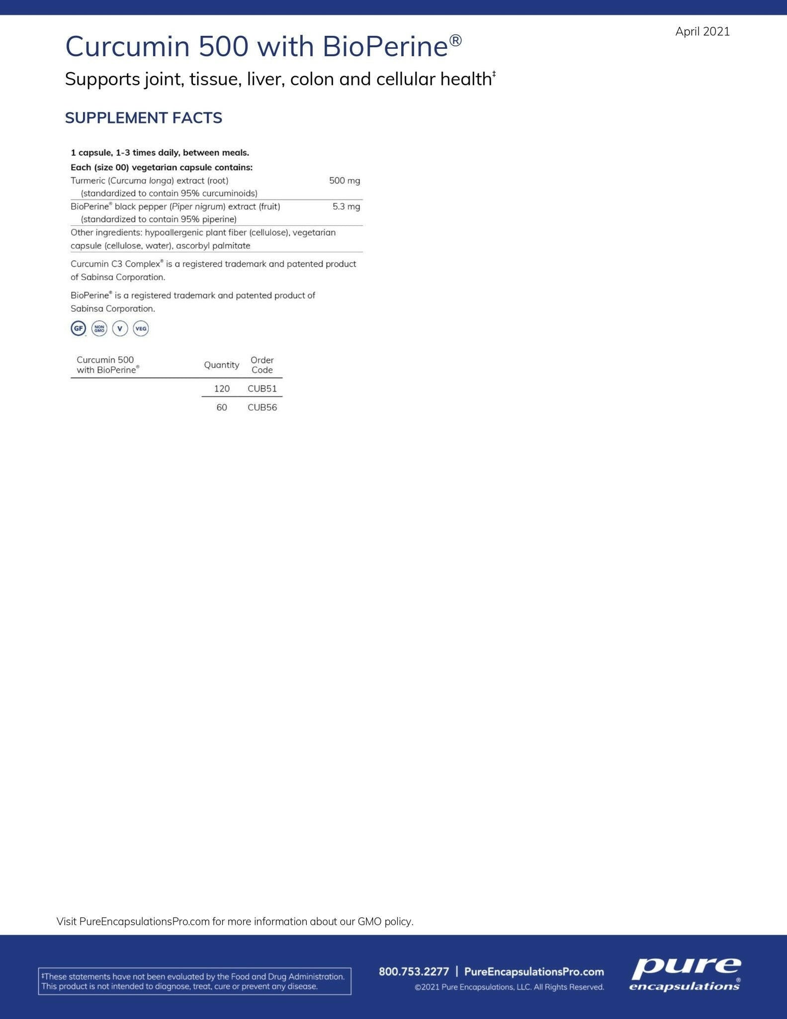 Curcumin 500 with Bioperine® | Pure Encapsulations® | 60 Capsules - Coal Harbour Pharmacy