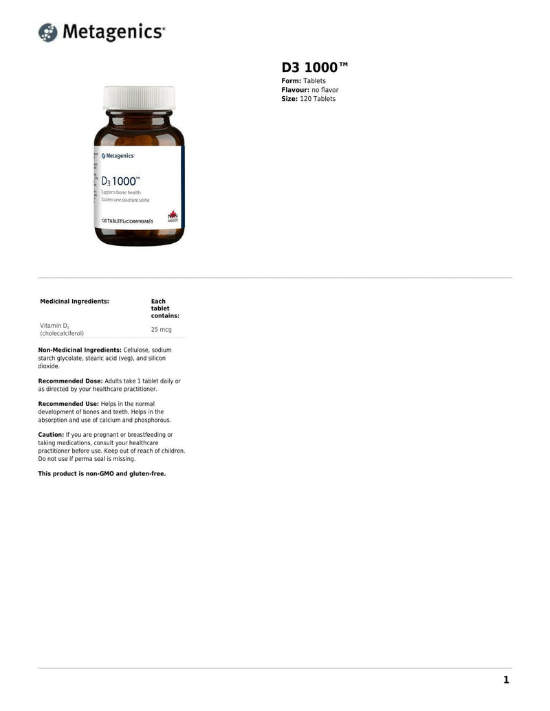 D3 1000 | Metagenics® | 120 Tablets - Coal Harbour Pharmacy