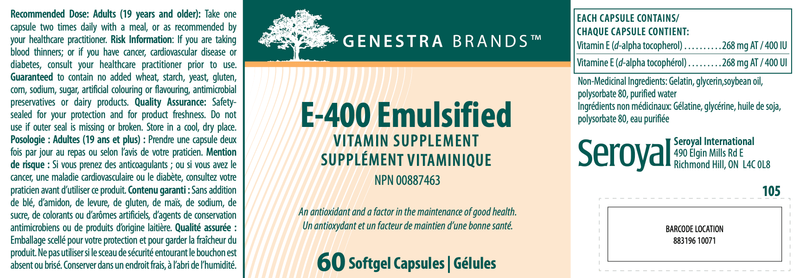 E-400 Emulsified | Genestra Brands® | 60 Softgel Capsules - Coal Harbour Pharmacy