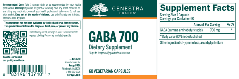 GABA 700 | Genestra Brands® | 60 Vegetable Capsules - Coal Harbour Pharmacy