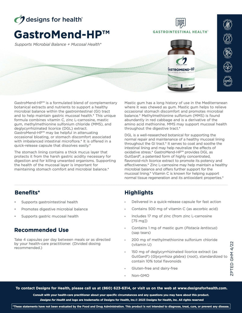 GastroMend-HP™ | Designs for Health® | 60 Vegetable Capsules - Coal Harbour Pharmacy