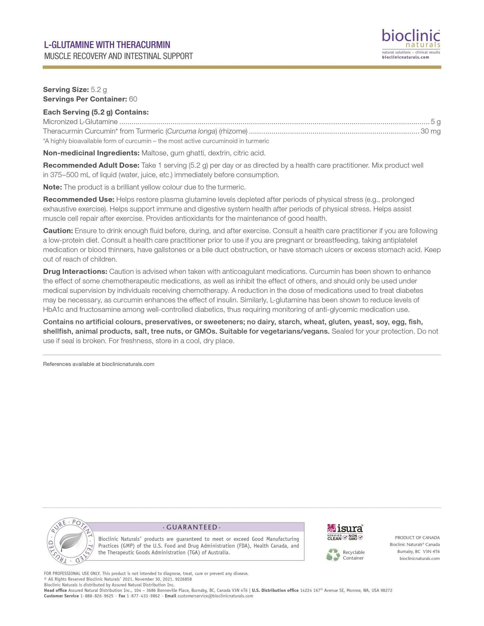 L-glutamine | Bioclinic® Naturals | 306 g Powder - Coal Harbour Pharmacy