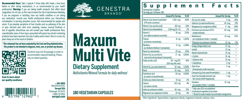 Maxum Multi Vite | Genestra Brands® | 90 or 180 Vegetable Capsules - Coal Harbour Pharmacy