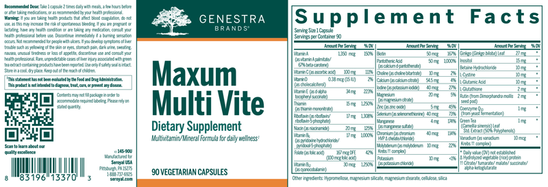 Maxum Multi Vite | Genestra Brands® | 90 or 180 Vegetable Capsules - Coal Harbour Pharmacy