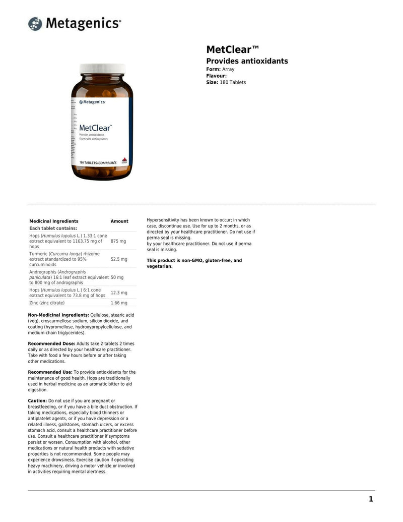 Metclear™ | Metagenics® | 180 Tablets - Coal Harbour Pharmacy