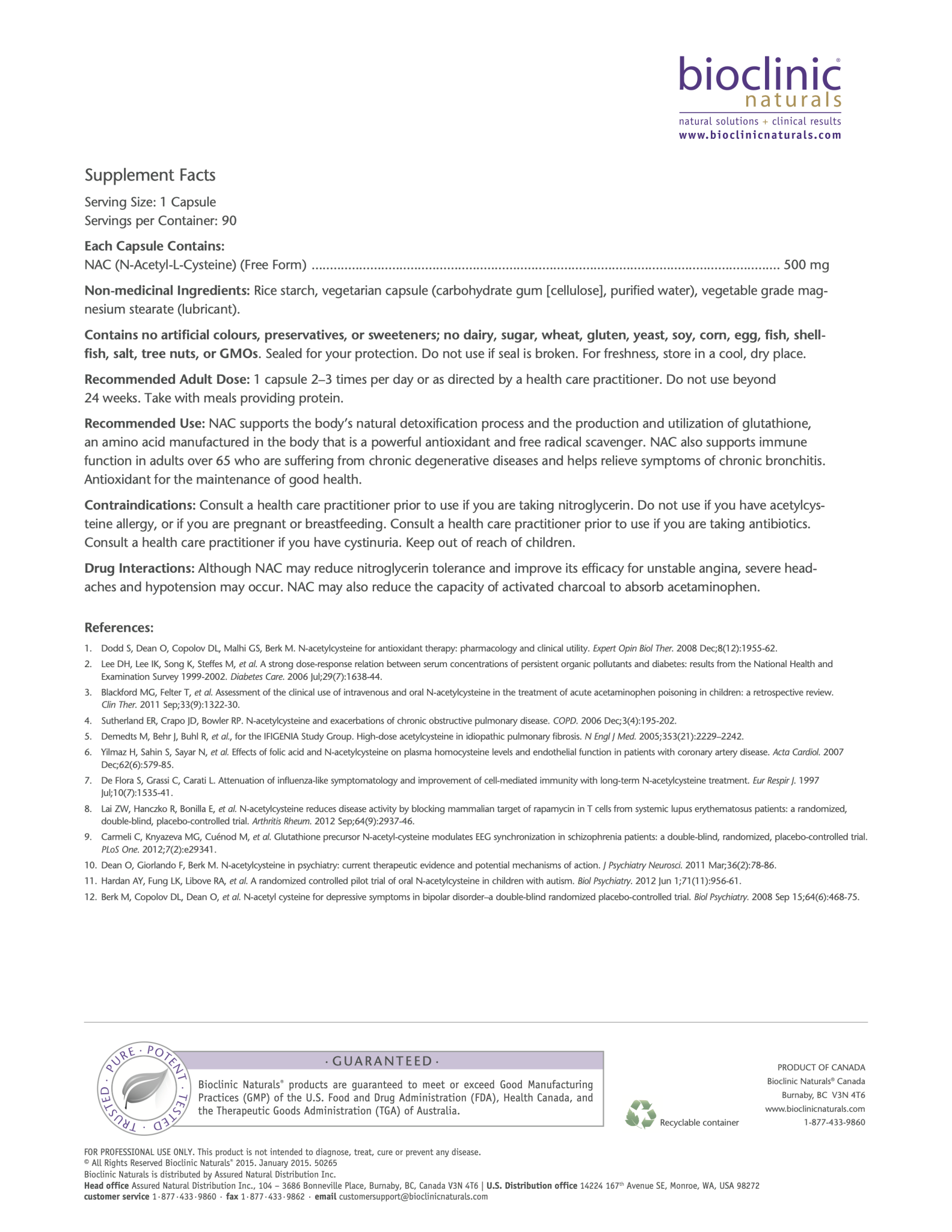 N-Acetyl-L-Cysteine 500 mg | Bioclinic® Naturals | 90 Vegetarian Capsules - Coal Harbour Pharmacy