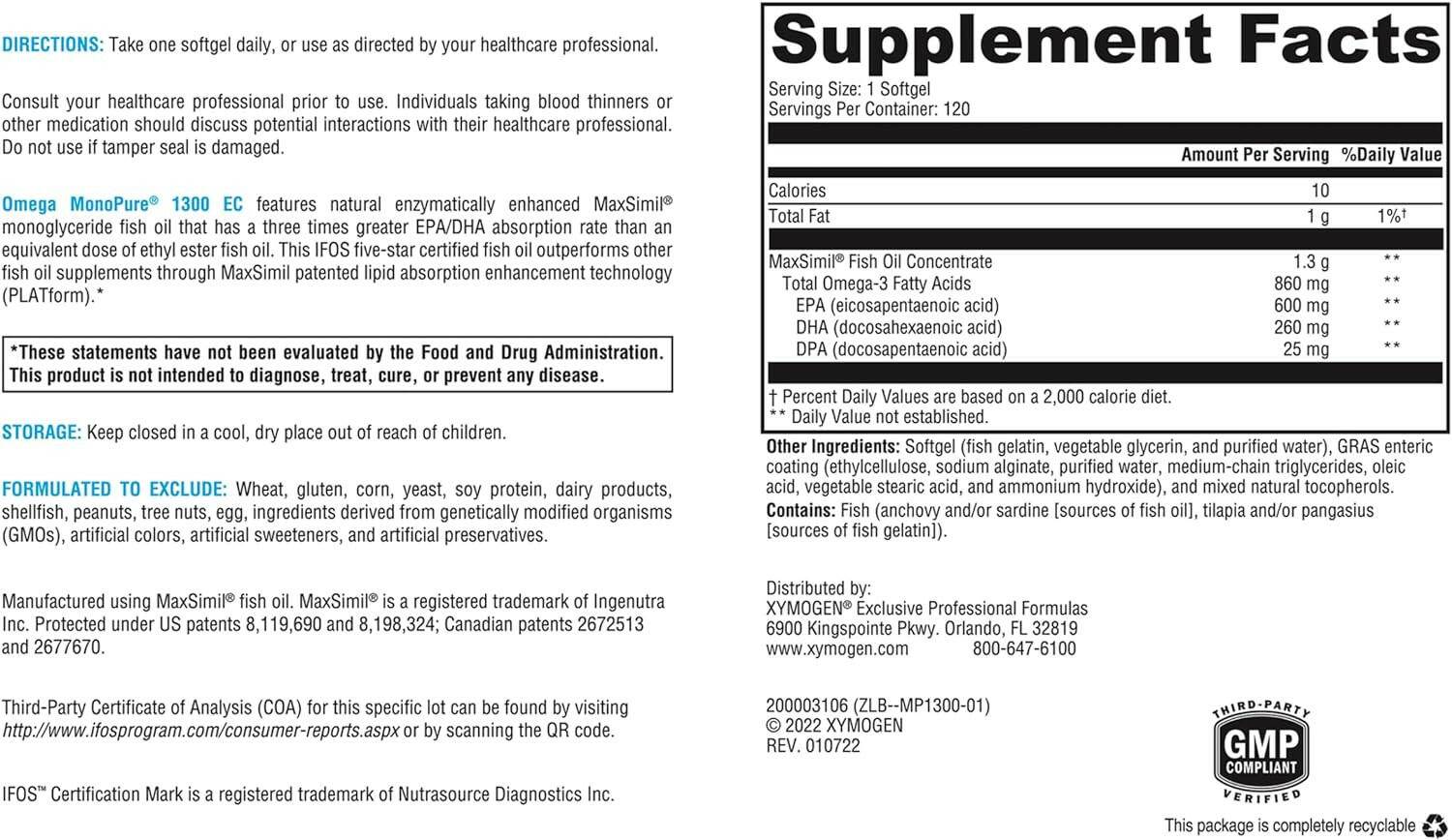 Omega MonoPure 1300 EC | Xymogen® | 60 Softgels - Coal Harbour Pharmacy