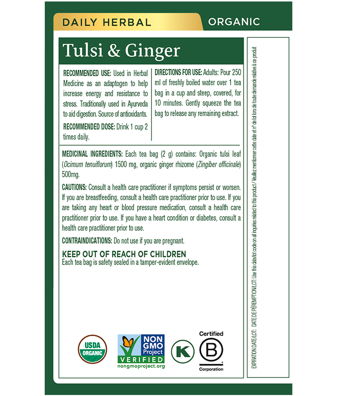 Organic Tulsi & Ginger Tea | Traditional Medicinals® | 16 Tea Bags - Coal Harbour Pharmacy