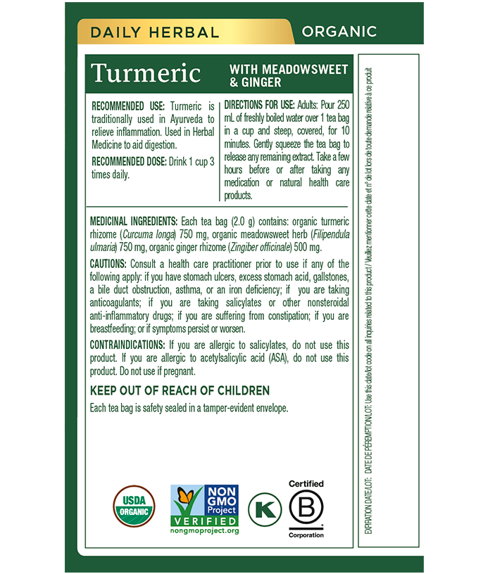 Organic Turmeric with Meadowsweet & Ginger Tea | Traditional Medicinals® | 16 Tea Bags - Coal Harbour Pharmacy