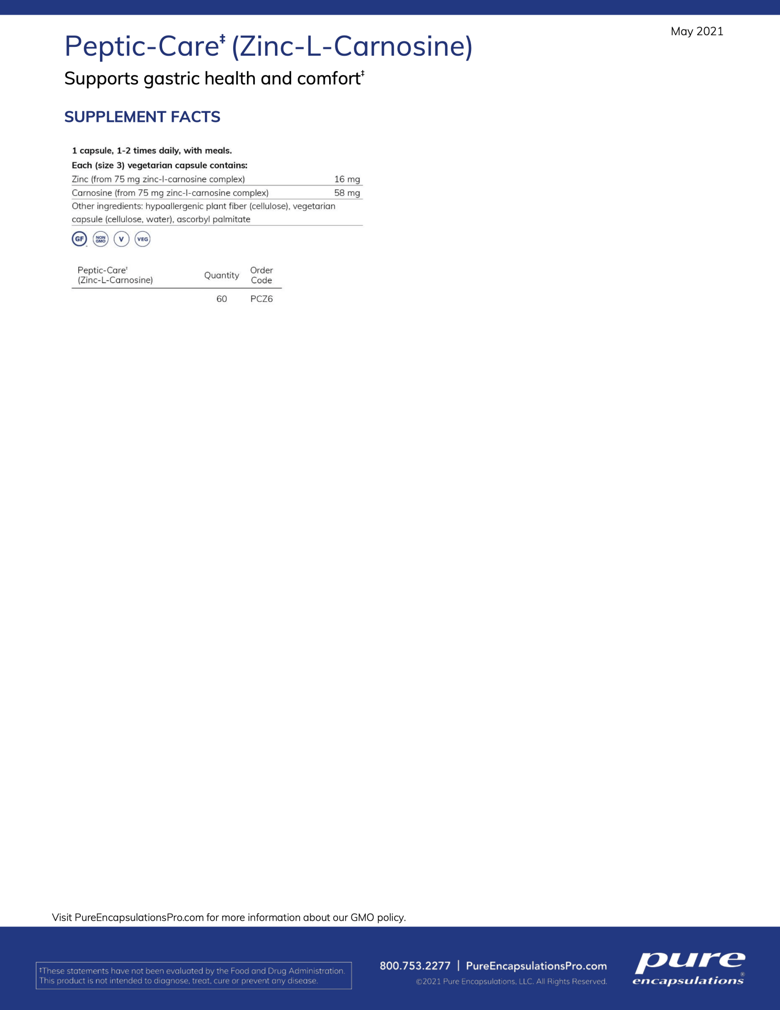 Peptic-Care ZC | Pure Encapsulations® | 60 Vegetable Capsules - Coal Harbour Pharmacy