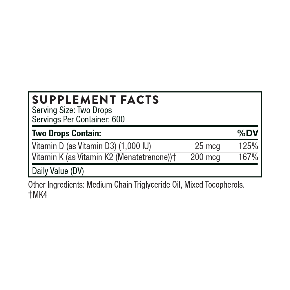 Vitamin D + K2 Liquid | Thorne® | 1 Fl. OZ. (30 mL)=1200 Drops - Coal Harbour Pharmacy