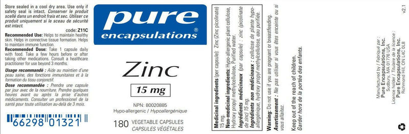 Zinc 15 | Pure Encapsulations® | 180 Vegetable Capsules - Coal Harbour Pharmacy