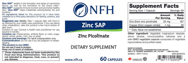 Zinc SAP | NFH | 60 Capsules - Coal Harbour Pharmacy